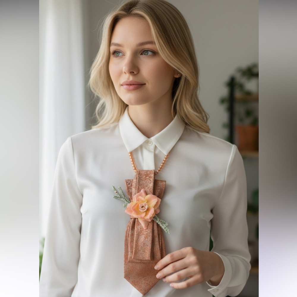 “Dainty Dapper”Chic Orange Pattern Tie Necklace W… - image 1